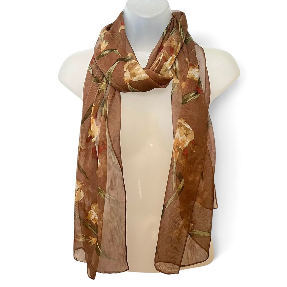Vintage Ralph Lauren Floral Iris Print Autumnal Brown Silk Chiffon Long Scarf